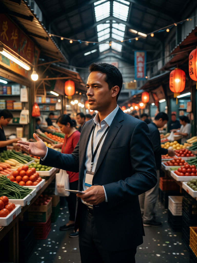 深色西装人物站在果蔬摊位之间，后方棚顶与灯串向远处收拢。